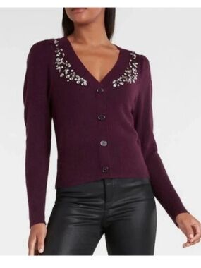 NWT $108 Express Embellished puff sleeve jewel Cardigan plum sz S
